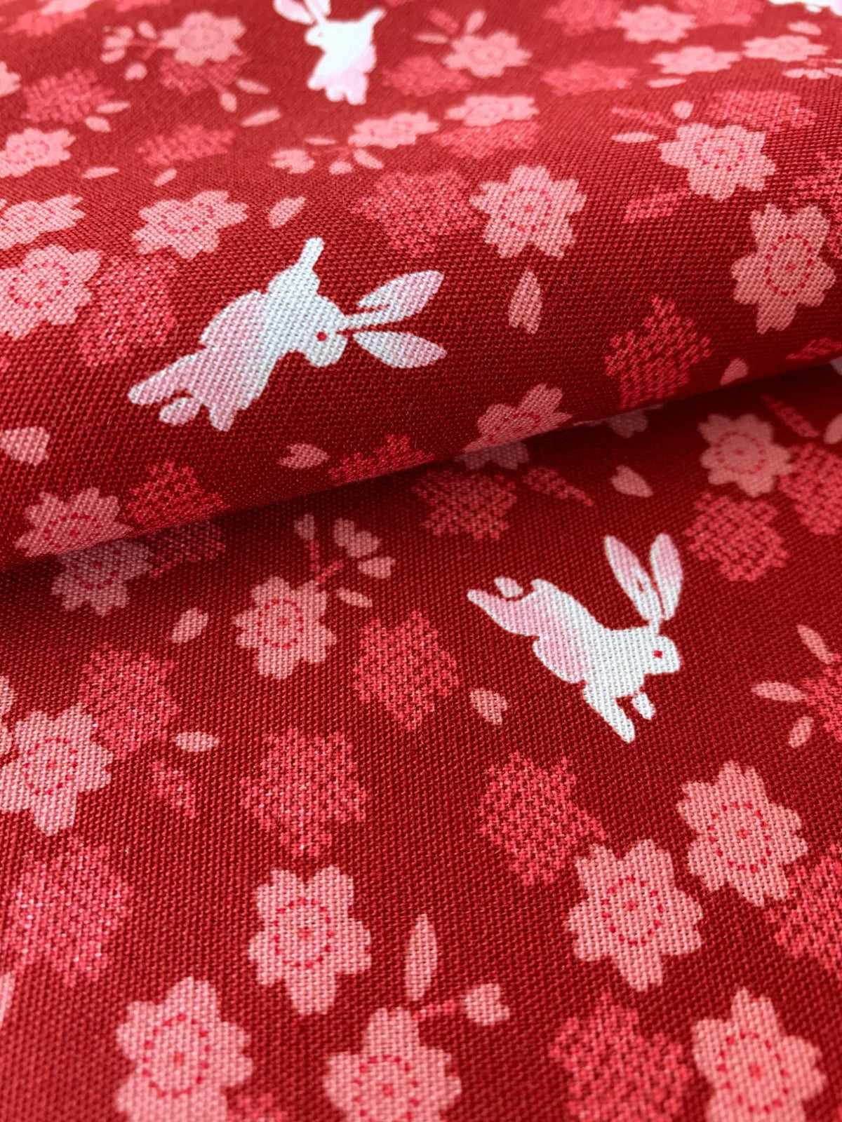 Rabbits and Cherry Blossoms Japanese cotton fabric 3060-27E red