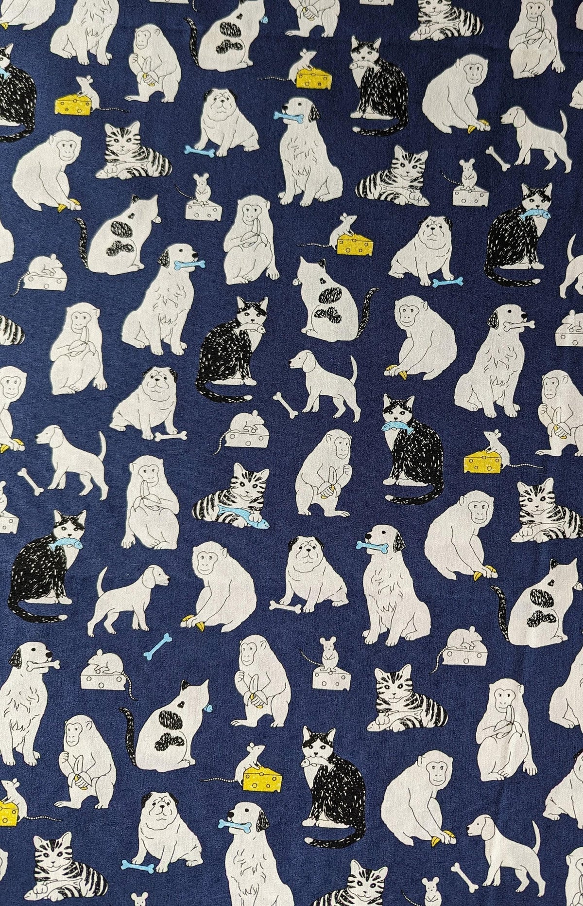 Sevenberry - Cats Dogs Mice and Monkeys Cotton Fabric - Navy Blue
