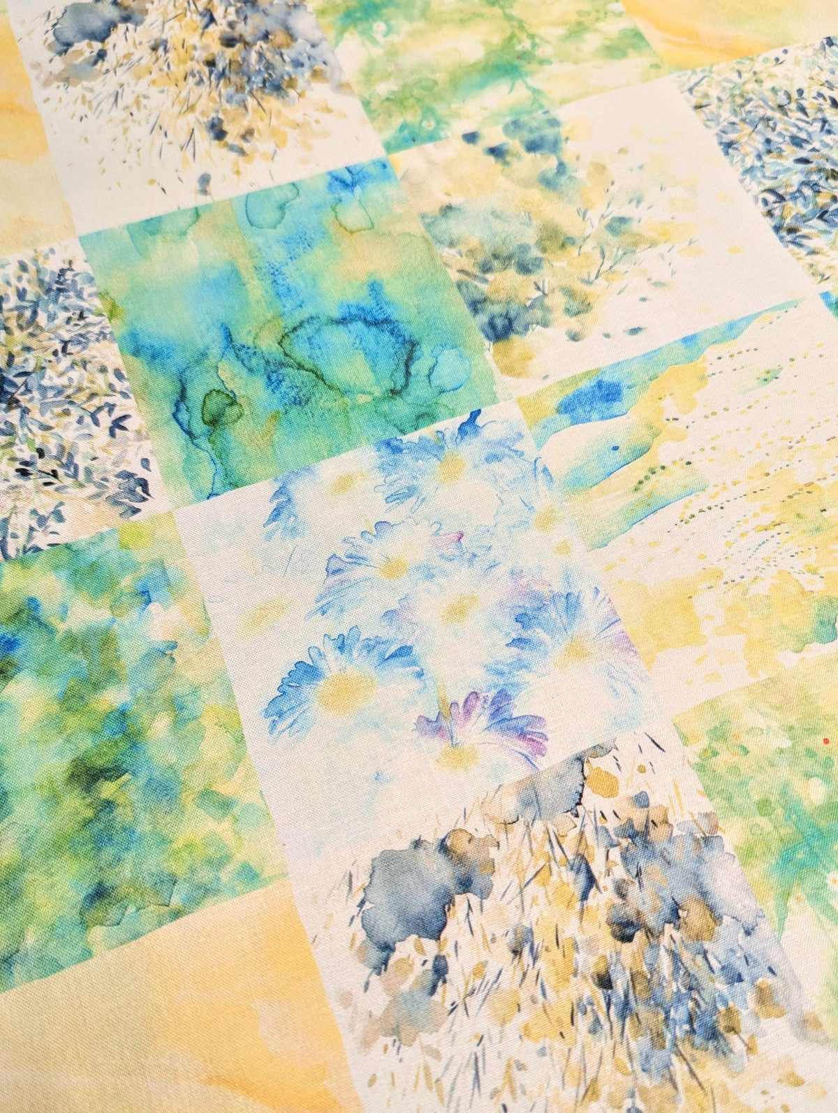 Kokka - Watercolor Flower Squares Cotton Fabric - Blue Green Yellow