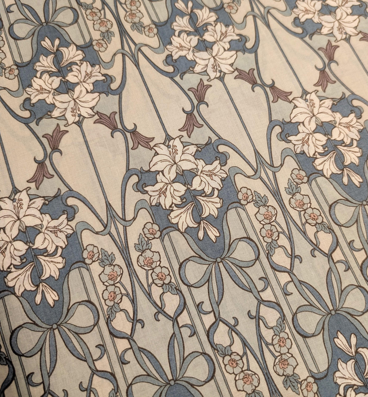 Hokkoh - Nouveau Flower Filigree Cotton Lawn - Light Blue and Beige