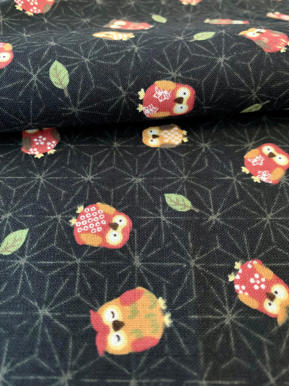 Sevenberry - Owls and Asanoha Stars Cotton Fabric - Black