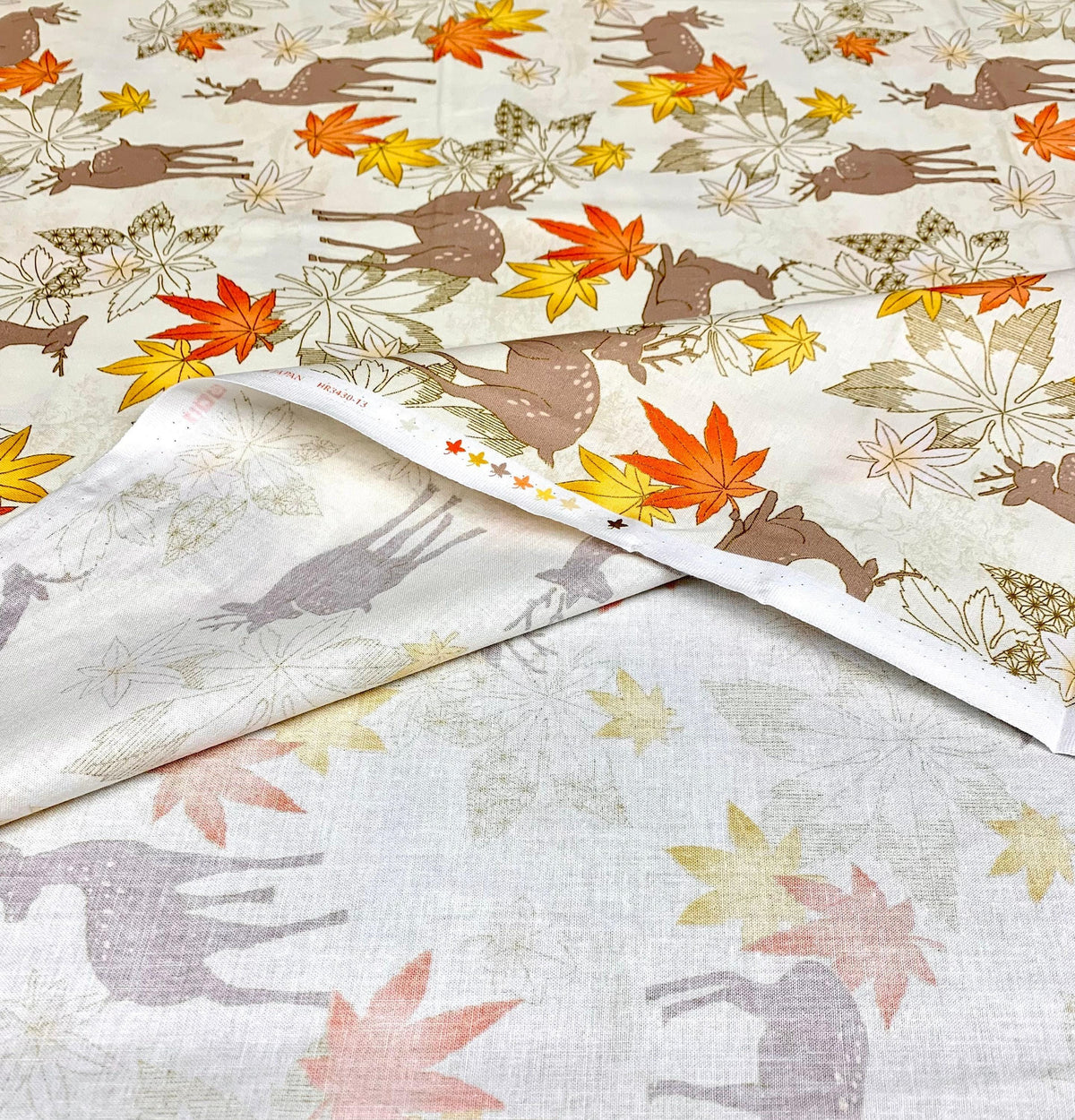 QuiltGate - Hyakka Ryoran Deer and Maple Leaf Cotton Fabric - Cream Orange Yellow Gold