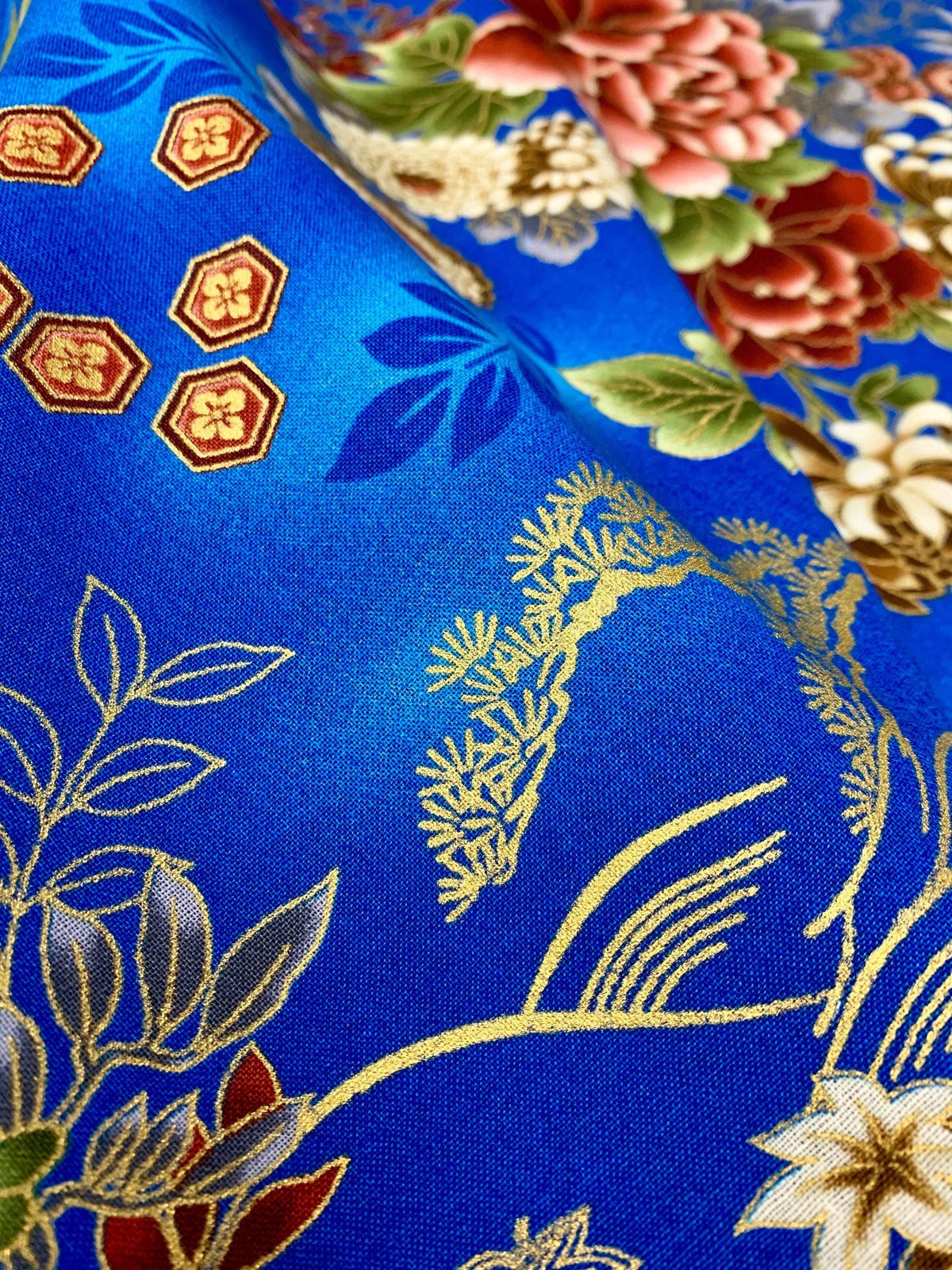 Orimono Imports - Honeycomb Florals Cotton Fabric - Blue Gold