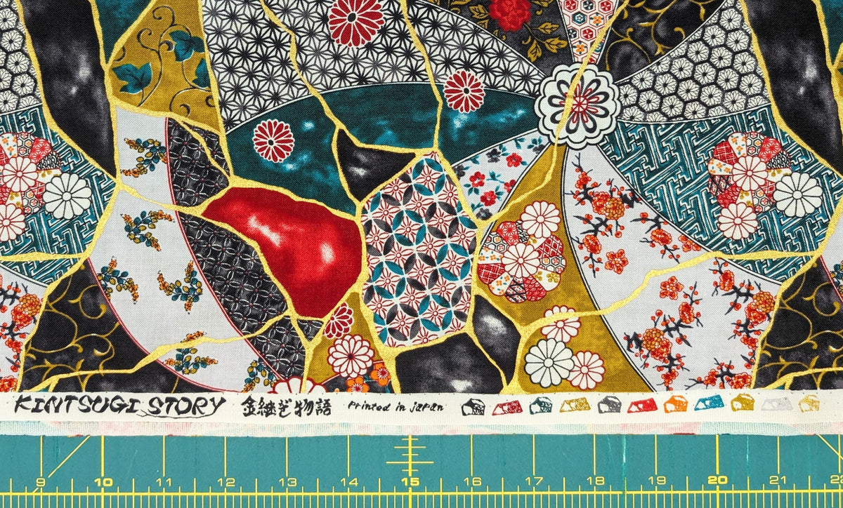 Senyo - Patterned Kintsugi Collage Cotton Fabric - Black Teal Red