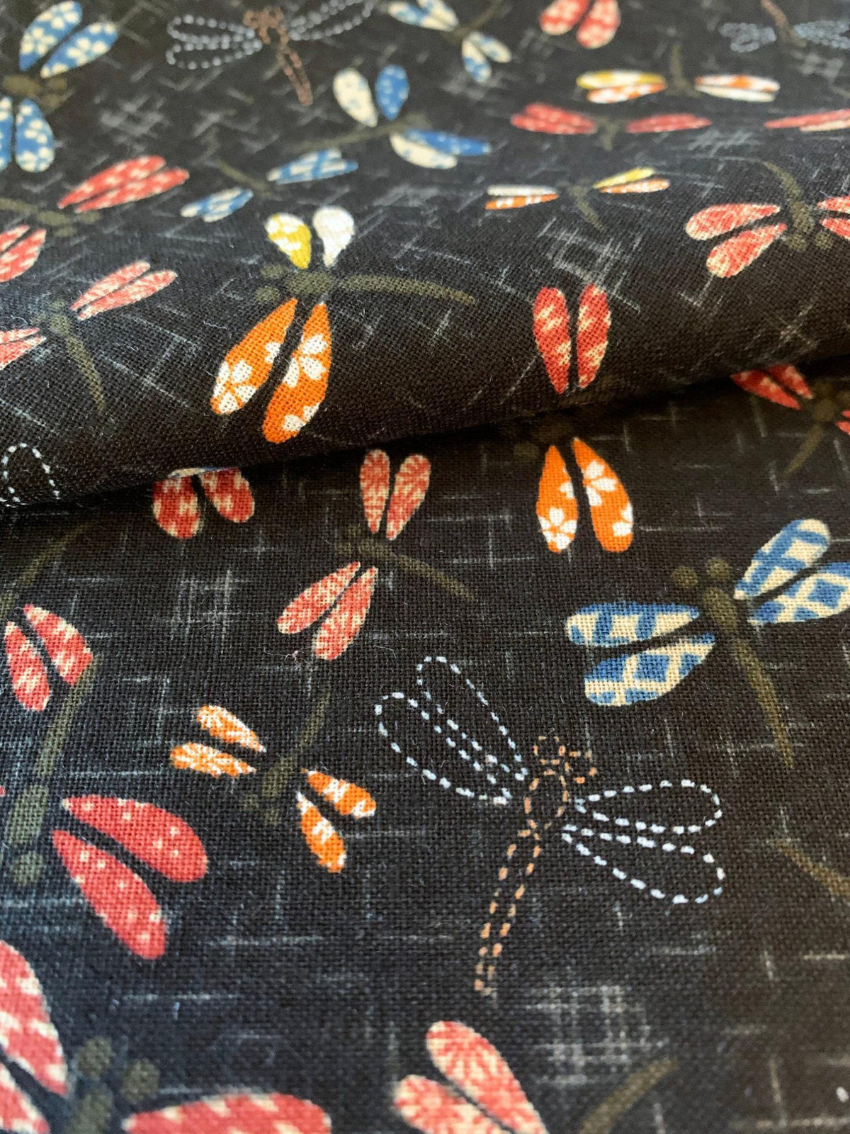 Sevenberry - Patchwork Dragonflies Cotton Fabric - Black