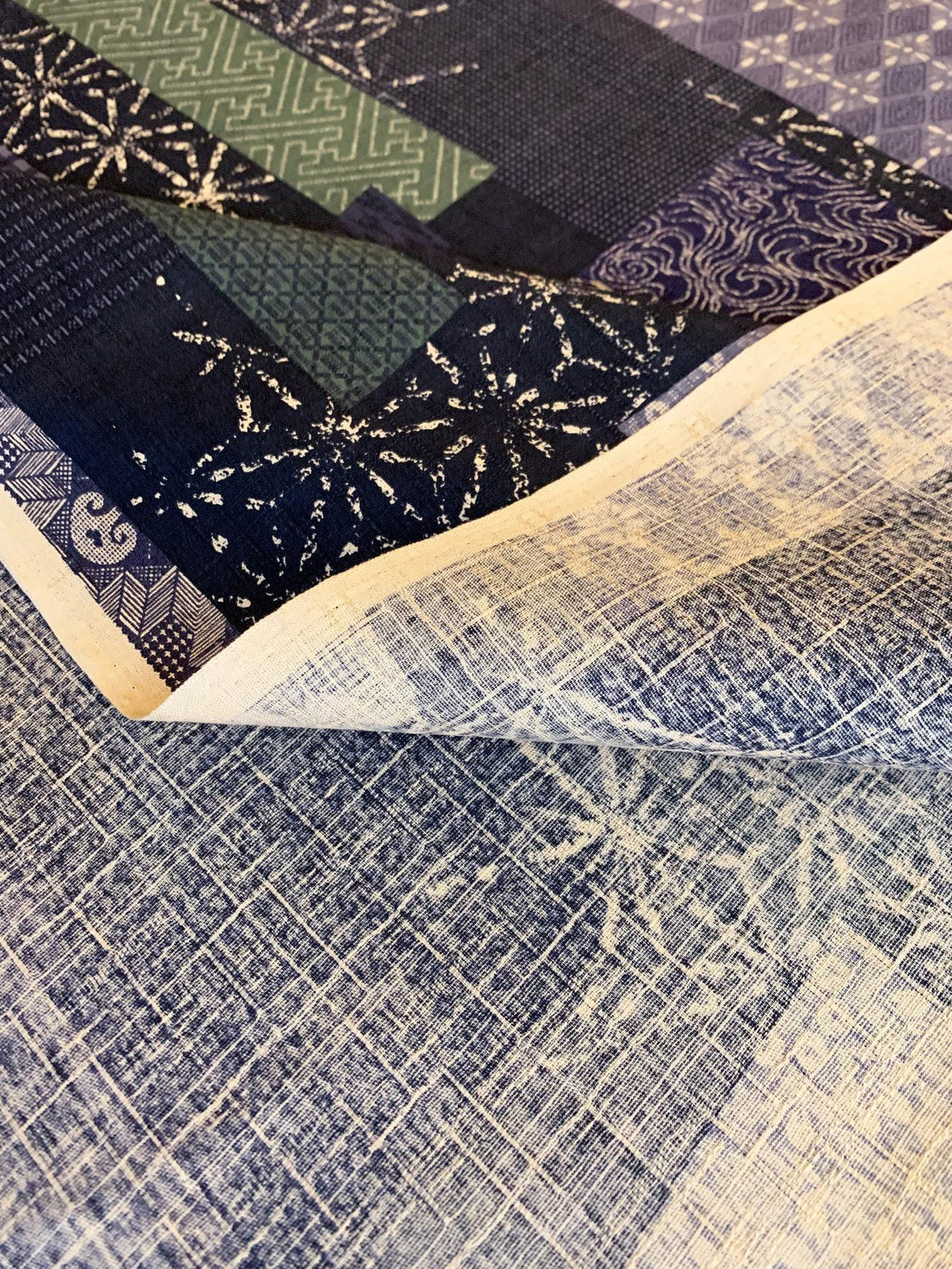 Morikiku - Boro Patchwork Cotton Dobby - Blue
