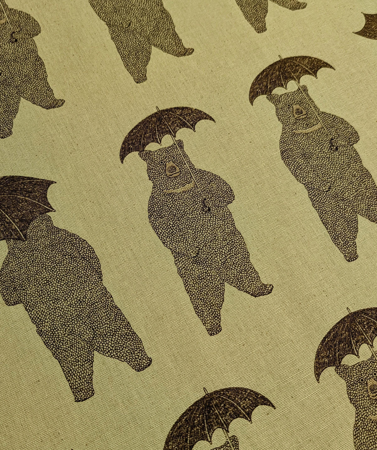 Koizumi - Bear-Able Weather Bears with Umbrellas Cotton/Linen Canvas - Green Brown