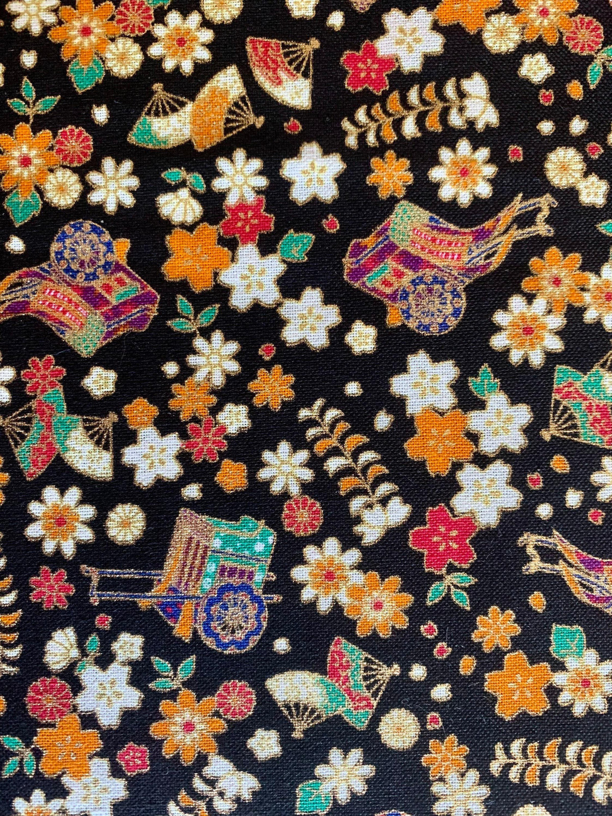 Naka - Royal Carts and Blossoms Cotton Fabric - Black Gold