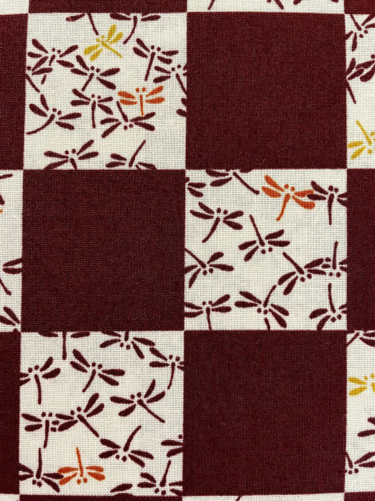 Kurenai - Checkerboard Dragonflies Cotton Fabric - Red