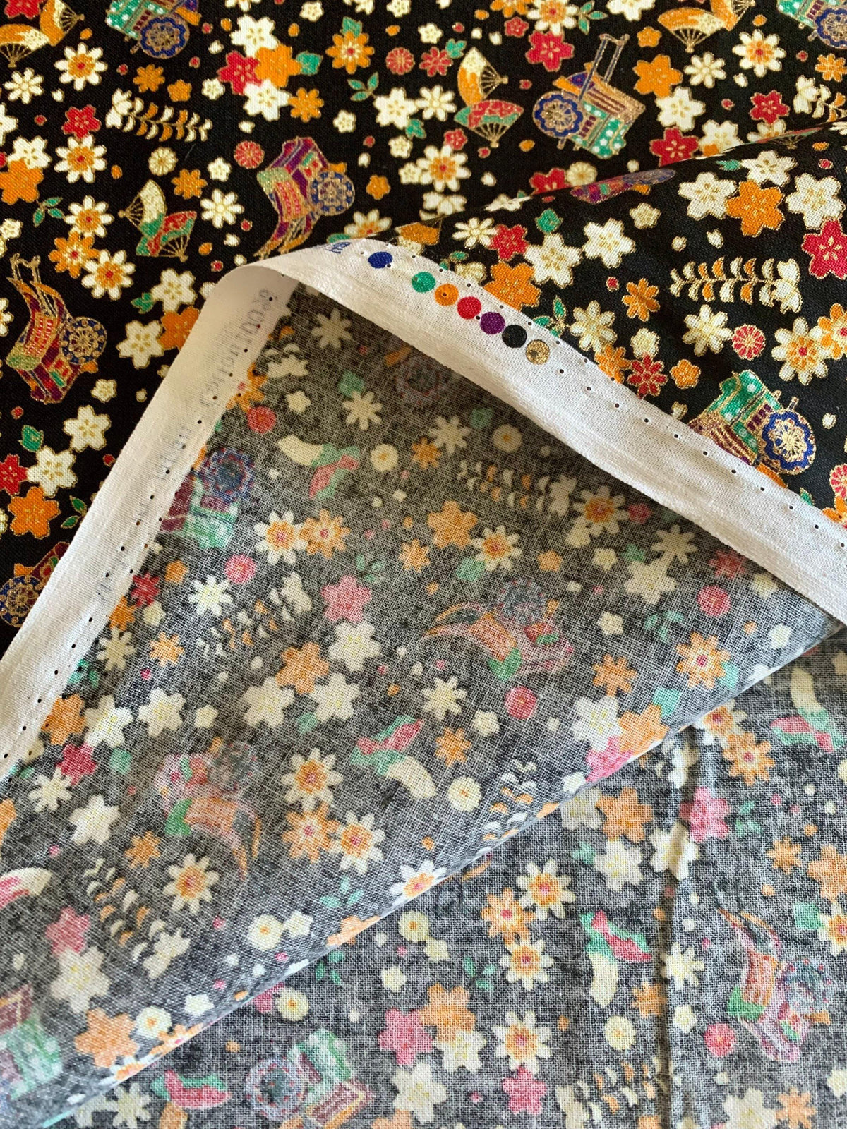 Naka - Royal Carts and Blossoms Cotton Fabric - Black Gold