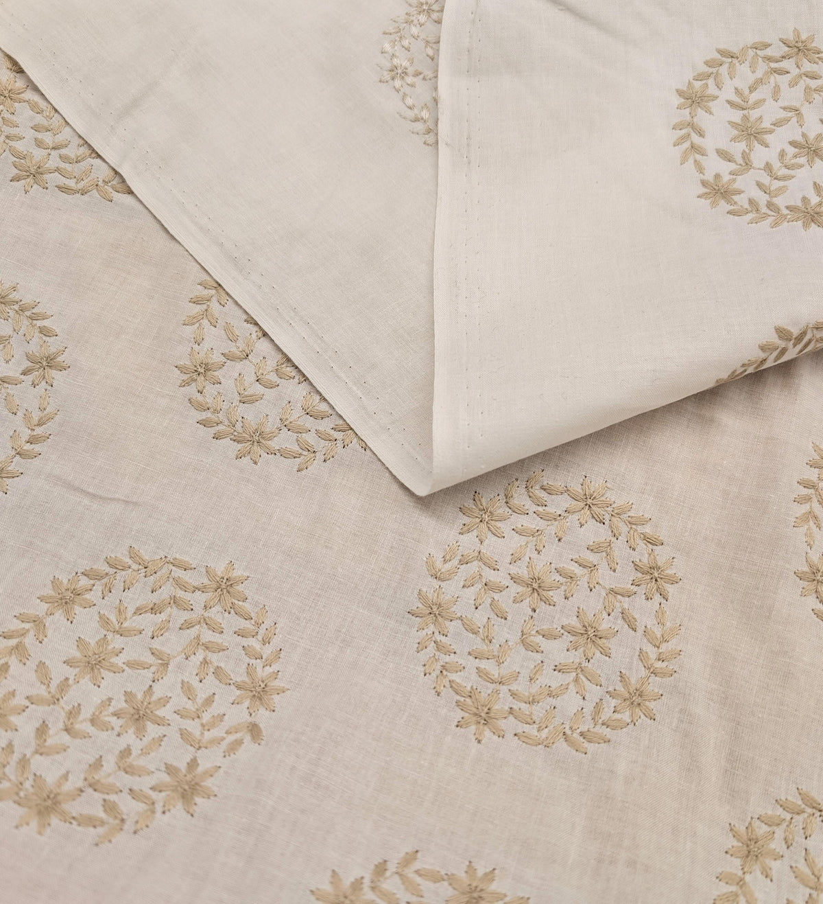 Orimono Imports - Embroidered Floral Cotton Voile - White and Beige