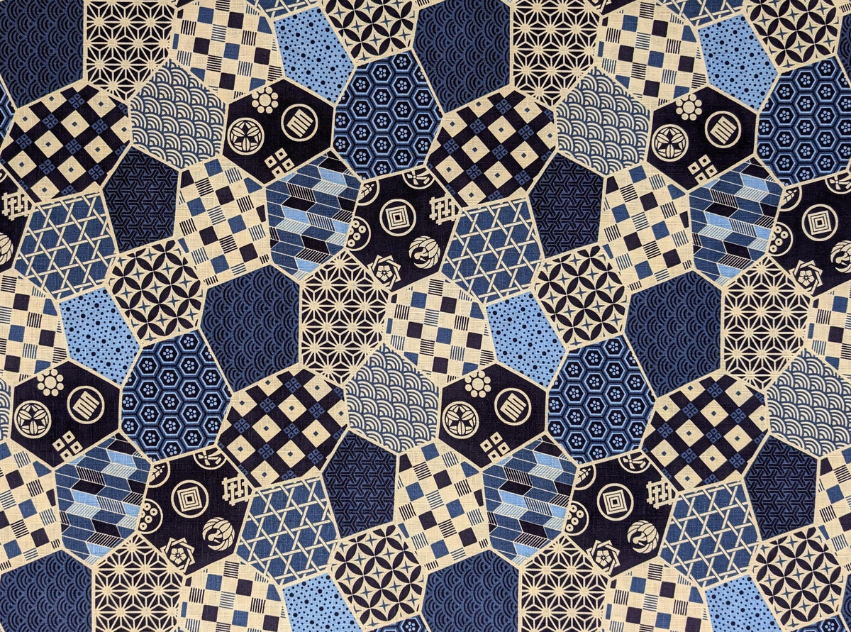 Kokka - Crested Patchwork Cotton Dobby - Blues and White