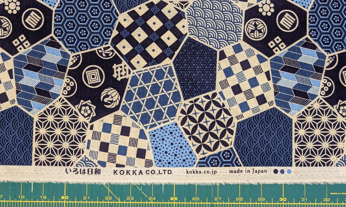 Kokka - Crested Patchwork Cotton Dobby - Blues and White