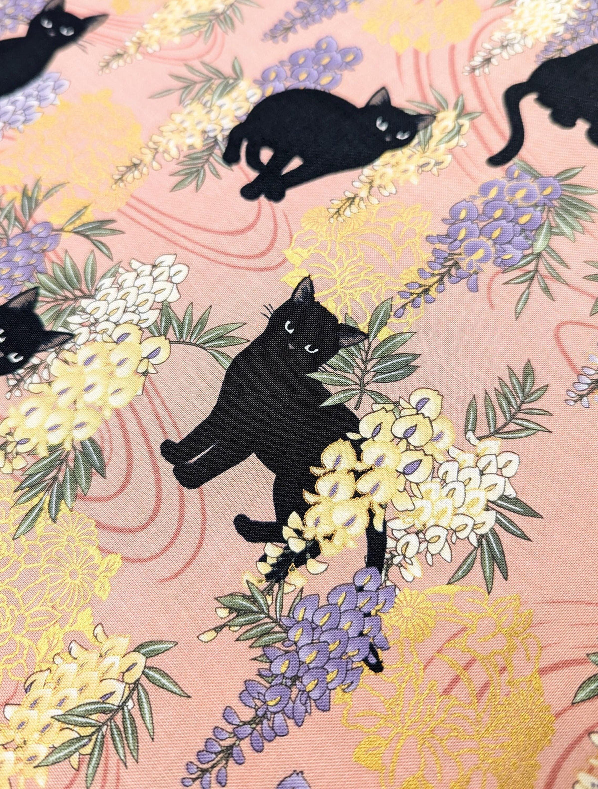 QuiltGate - Hyakka Ryoran Cats and Wisteria Cotton Fabric - Pink
