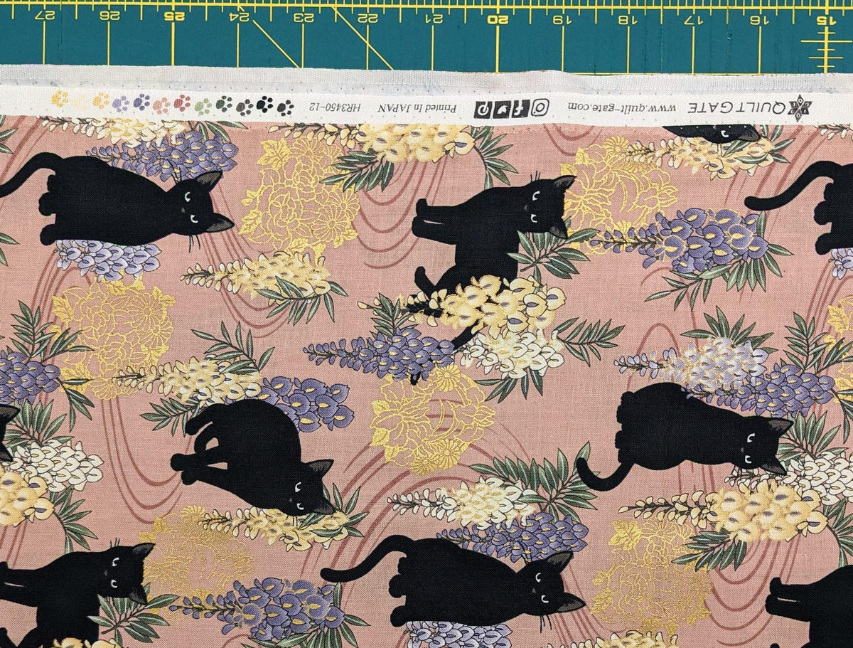 QuiltGate - Hyakka Ryoran Cats and Wisteria Cotton Fabric - Pink