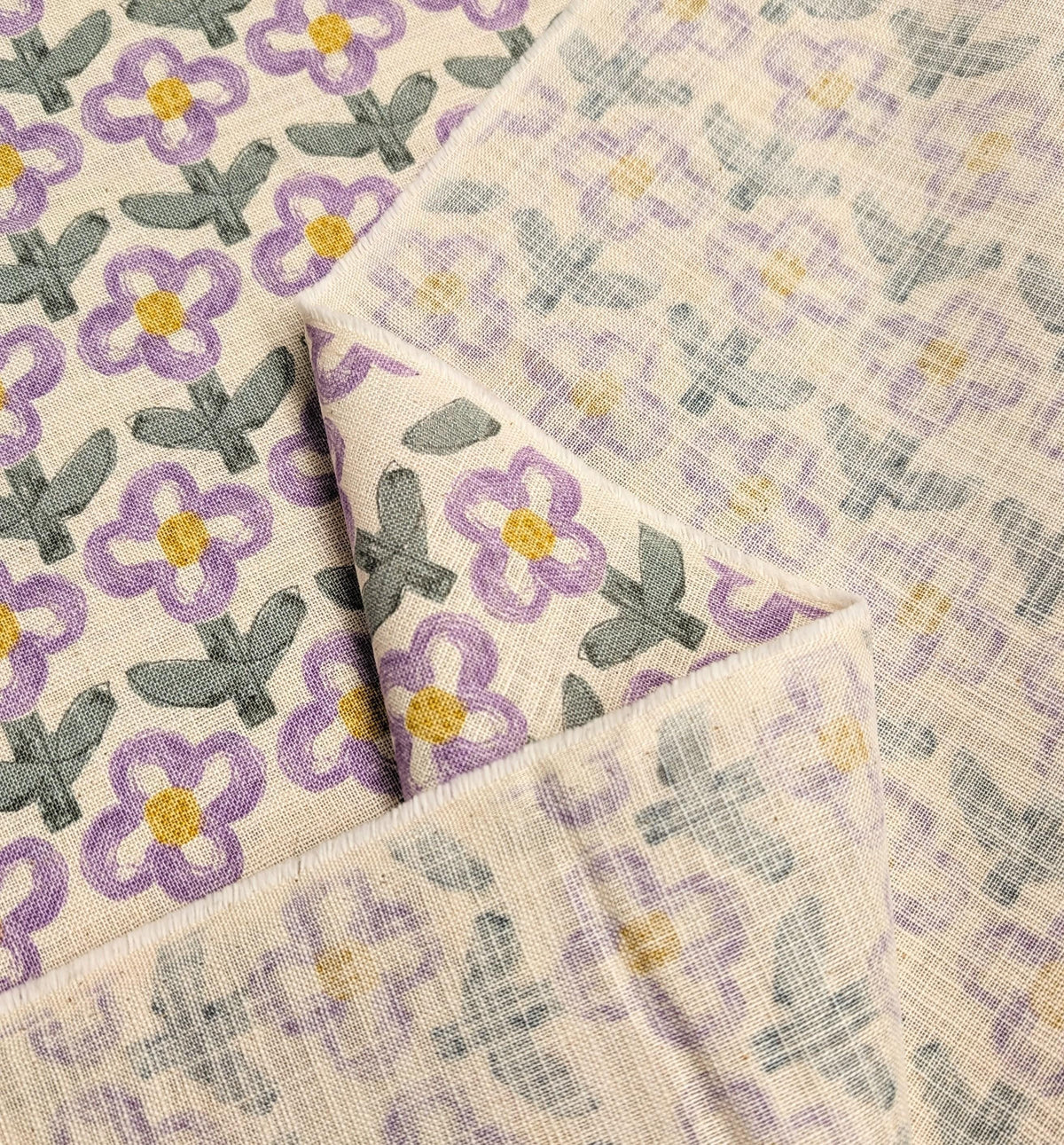 Sevenberry - NEW Standing Flowers Rustic Weave Cotton Fabric - White and Purple