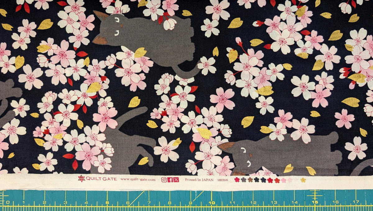 QuiltGate - Hyakka Ryoran Black Cats and Cherry Blossoms Cotton Fabric - Black