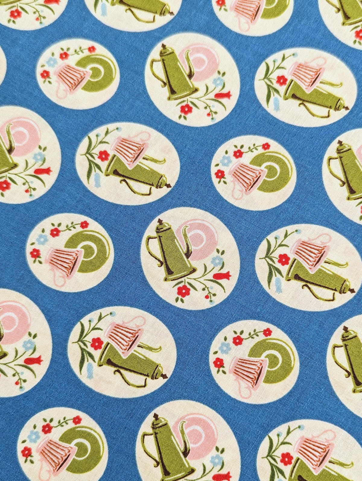 Kei - Tea Time and Flowers Cotton Fabric - Blue