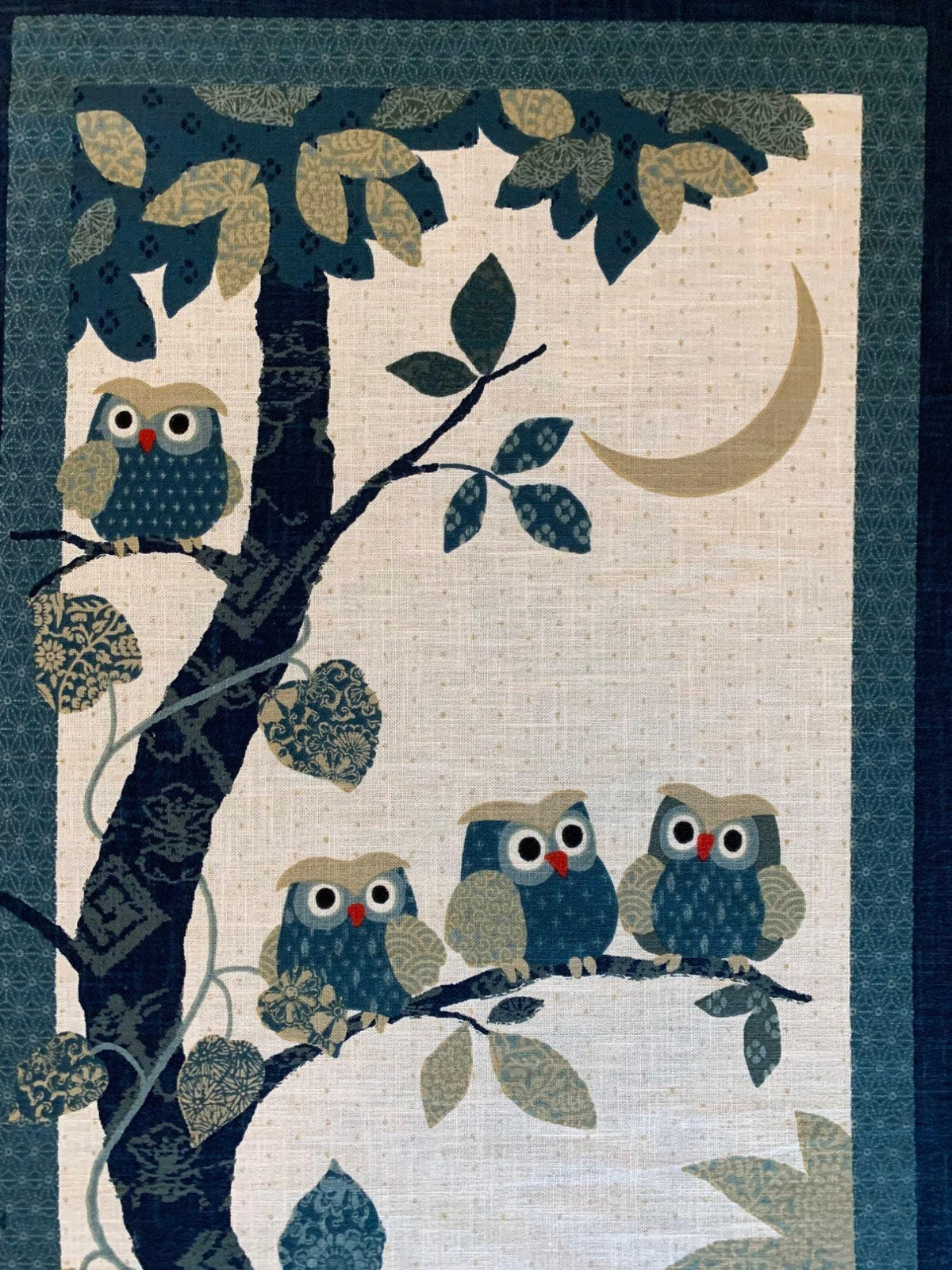 Kurenai - Happy Owls in a Tree Japanese Noren Panel - Blue