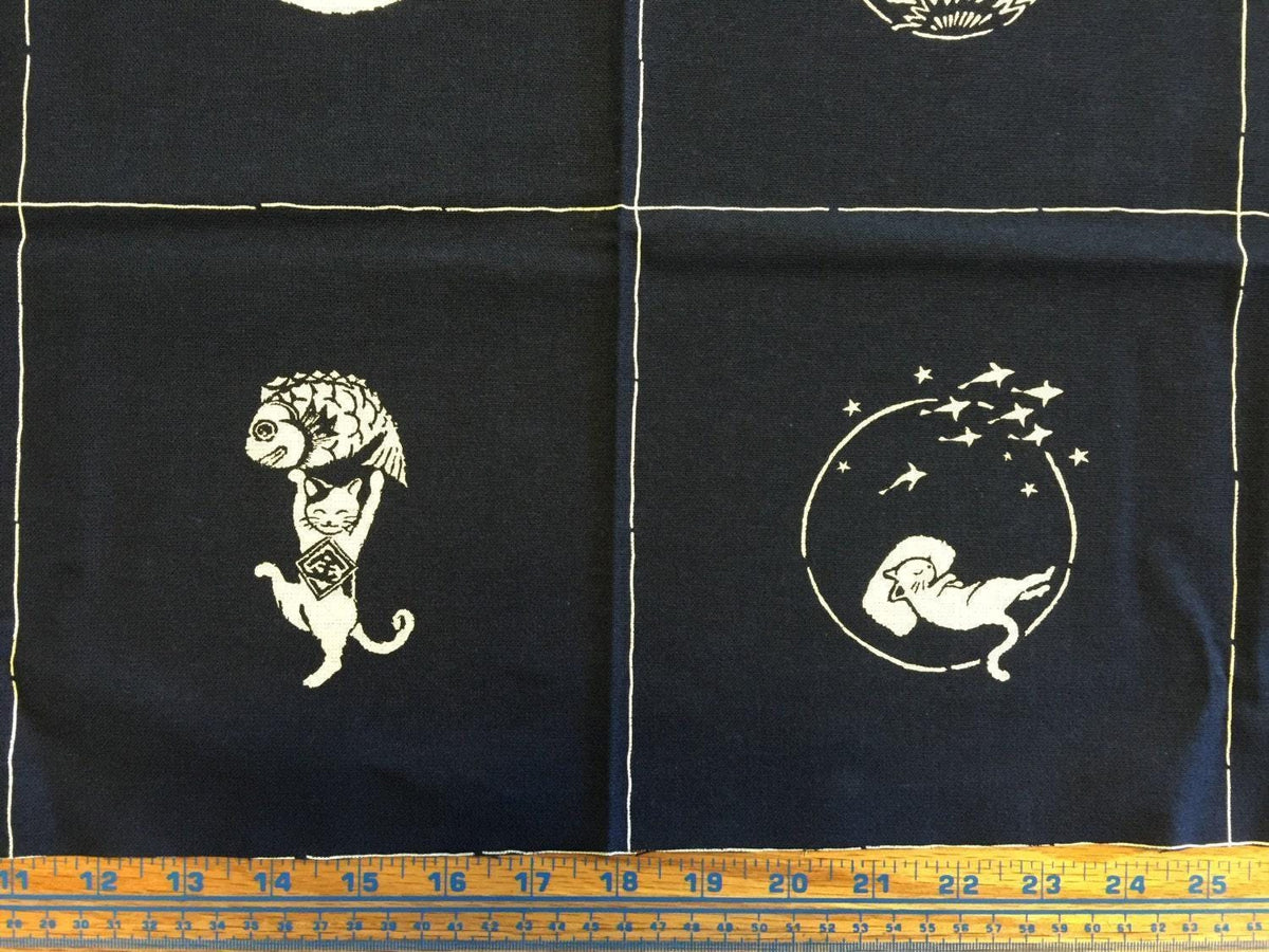 Orimono Imports - Neko Cat Cotton Fabric Panel - Navy, Black, or Red