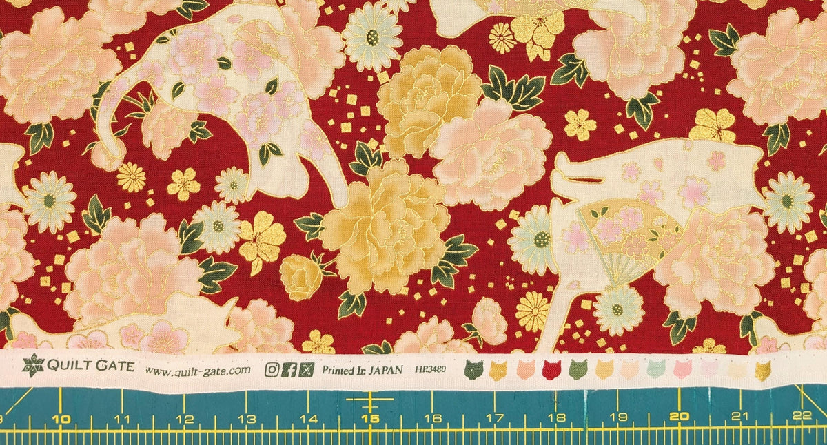 NEW Cats and Roses QuiltGate Hyakka Ryoran Japanese cotton fabric HR3480-12 C red