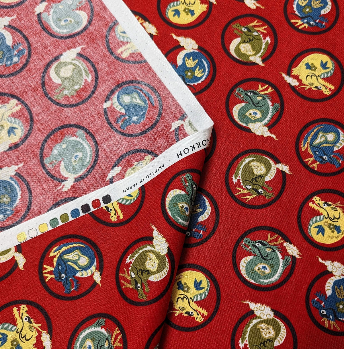 Hokkoh - Little Dragons Cotton Fabric - Red