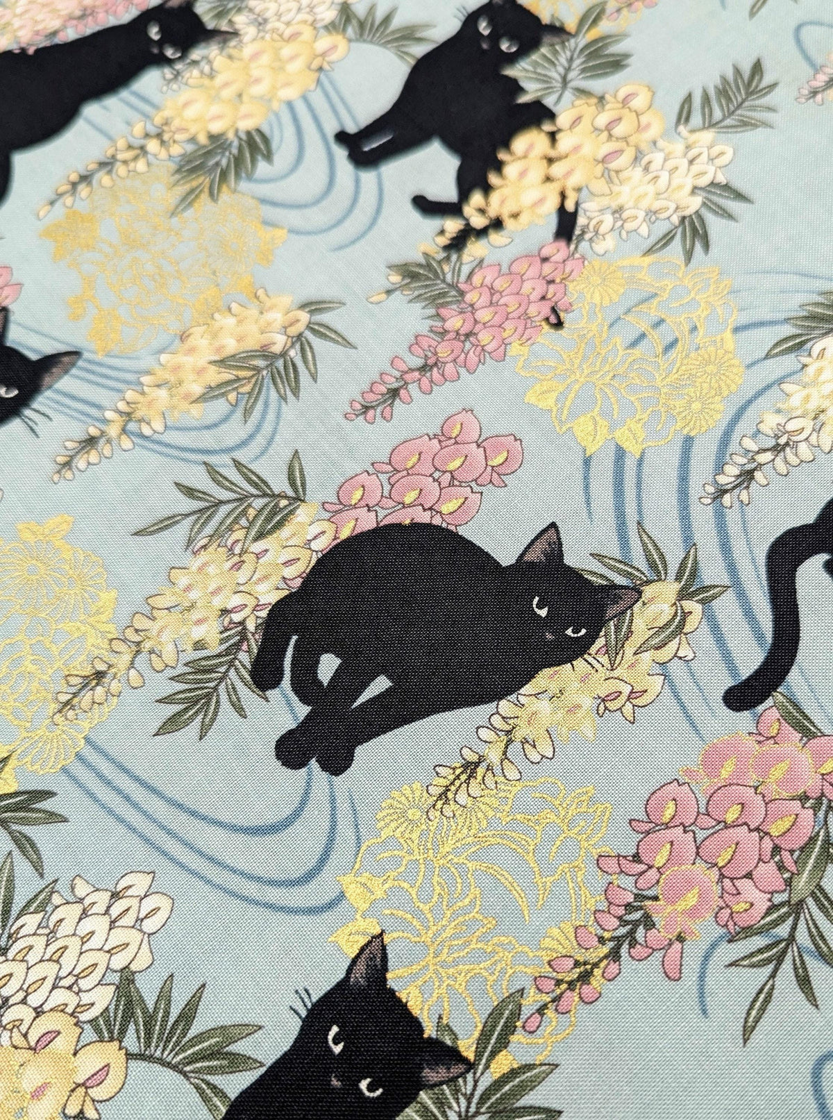QuiltGate - Hyakka Ryoran Cats and Wisteria Cotton Fabric - Blue