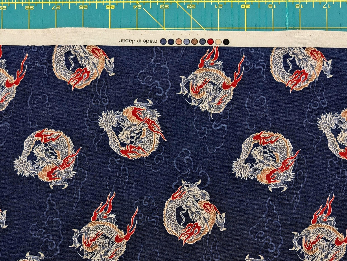Hishiei - Circling Dragons Cotton Fabric - Navy Blue