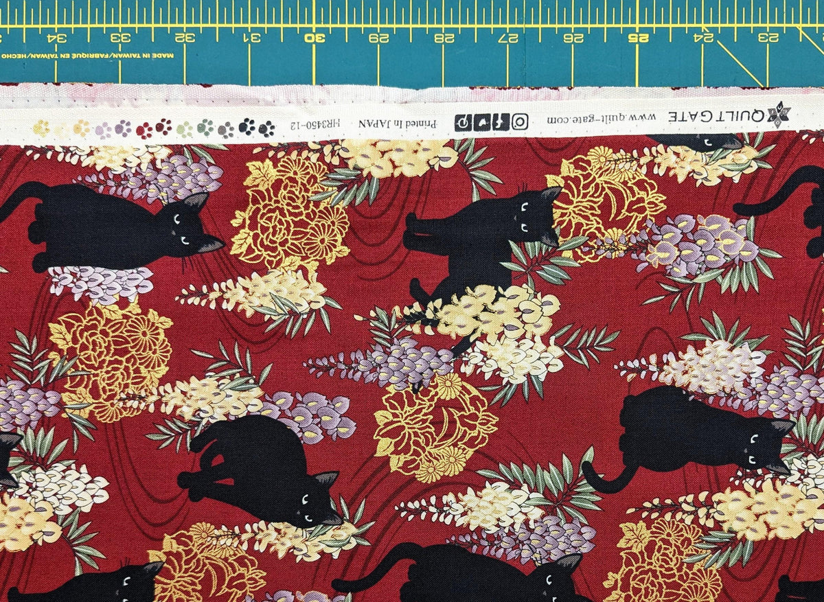 QuiltGate - Hyakka Ryoran Cats and Wisteria Cotton Fabric - Red