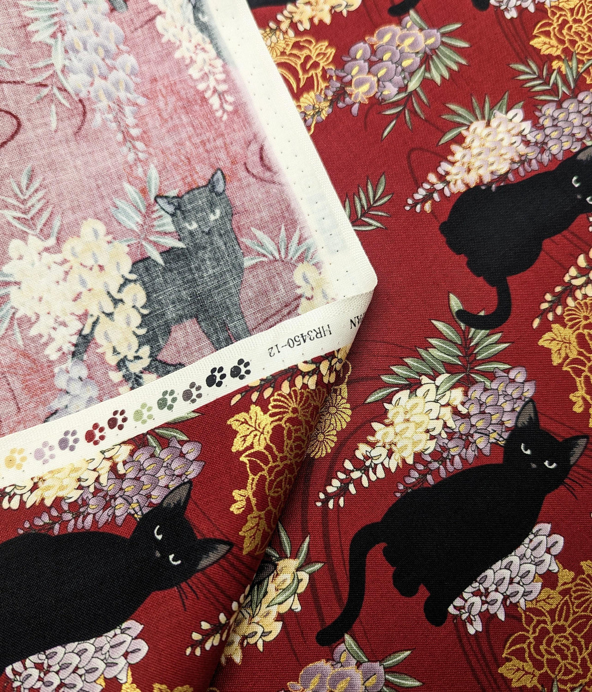 QuiltGate - Hyakka Ryoran Cats and Wisteria Cotton Fabric - Red
