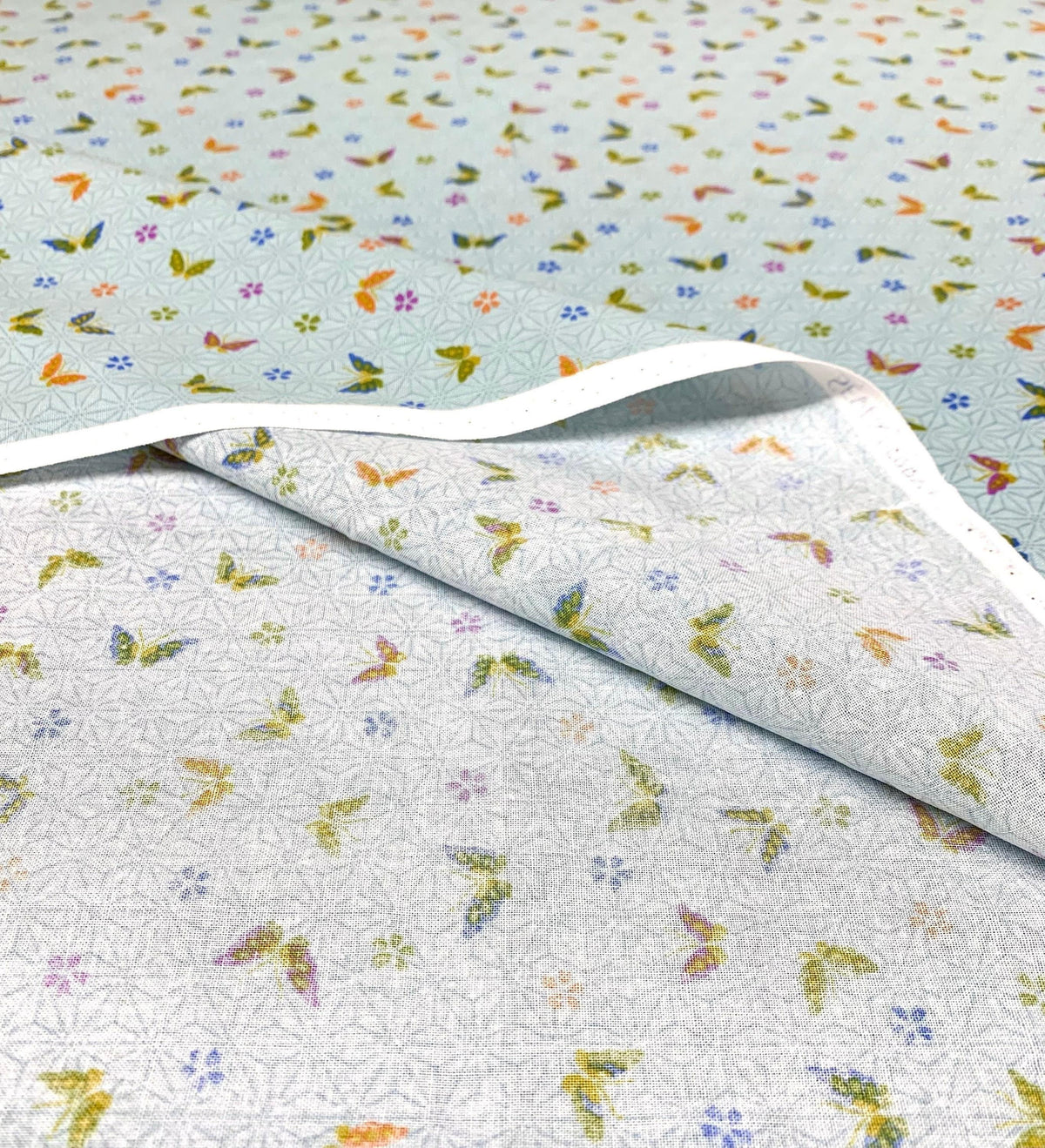 Sevenberry - Little Butterflies and Asanoha Stars Cotton Fabric - Pale Blue