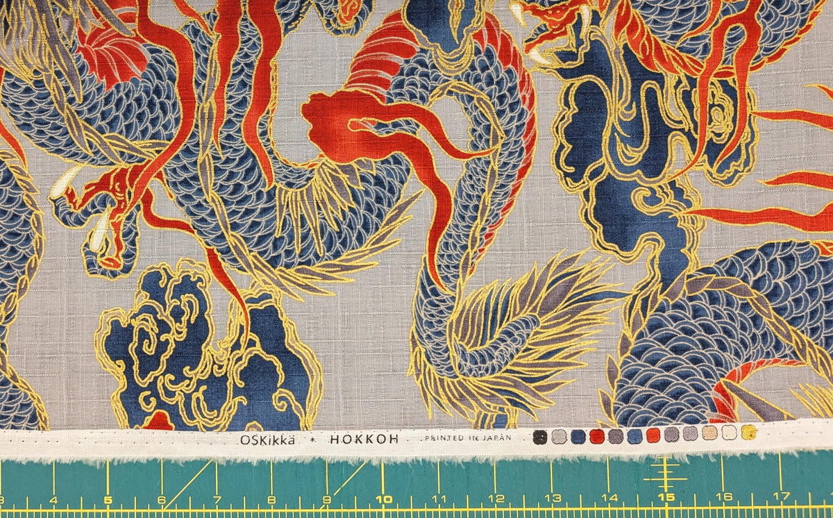NEW Golden Dragons Hokkoh Japanese cotton dobby fabric 1025-100-1 C gray