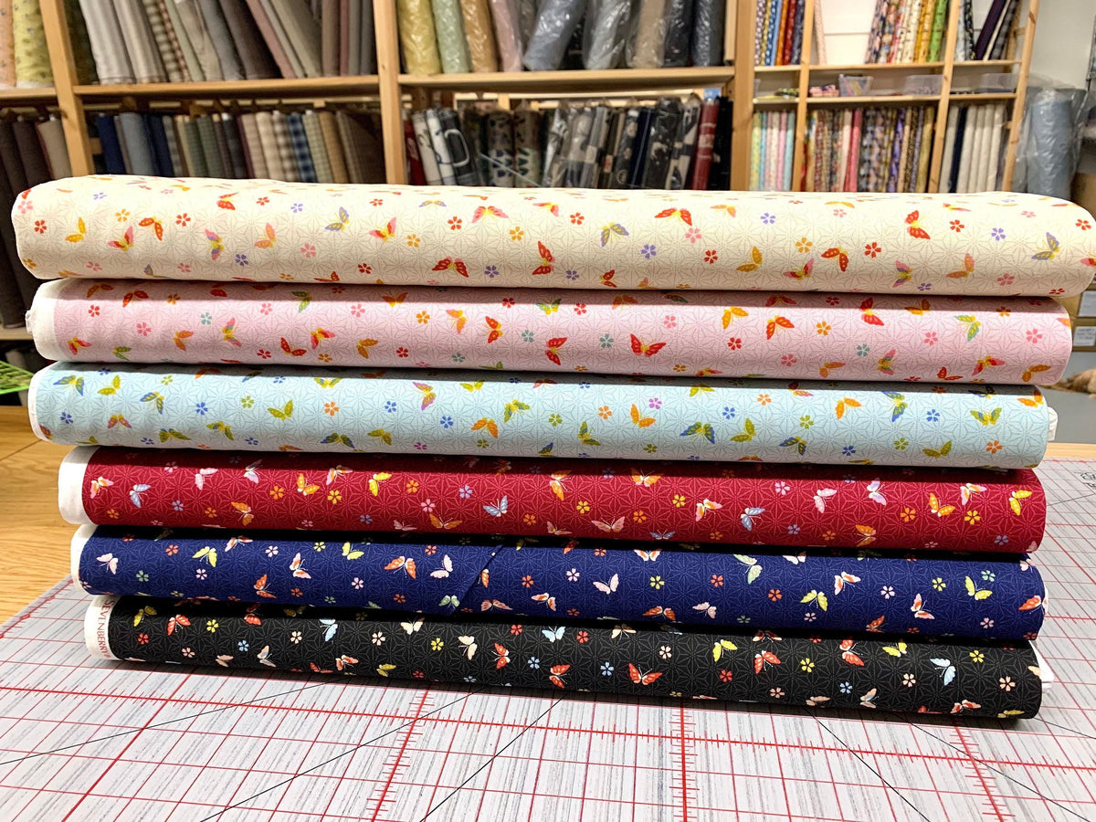 Sevenberry - Little Butterflies and Asanoha Stars Cotton Fabric - Pale Blue