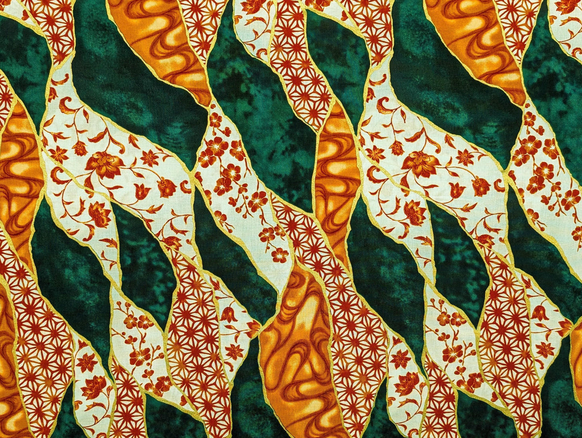 Senyo - Patterned Golden Kintsugi Cotton Fabric - Green and Orange