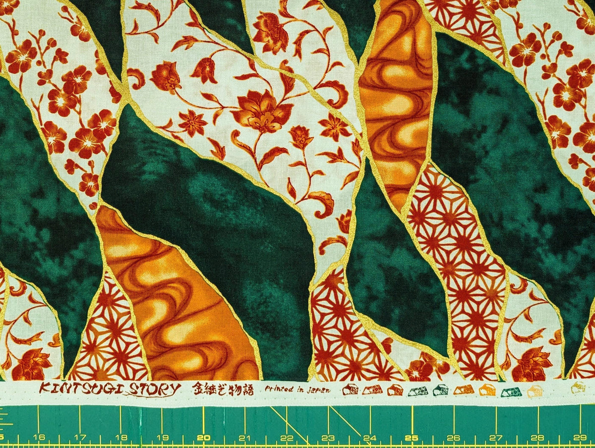 Senyo - Patterned Golden Kintsugi Cotton Fabric - Green and Orange