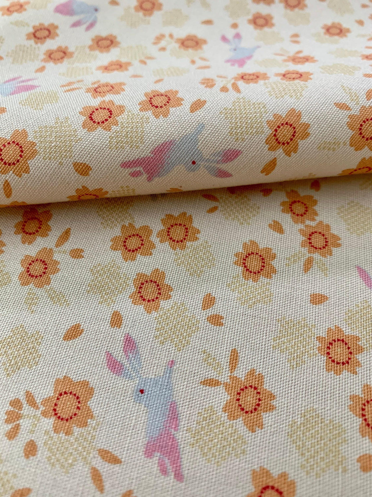Rabbits and Cherry Blossoms Japanese cotton fabric 3060-27A cream