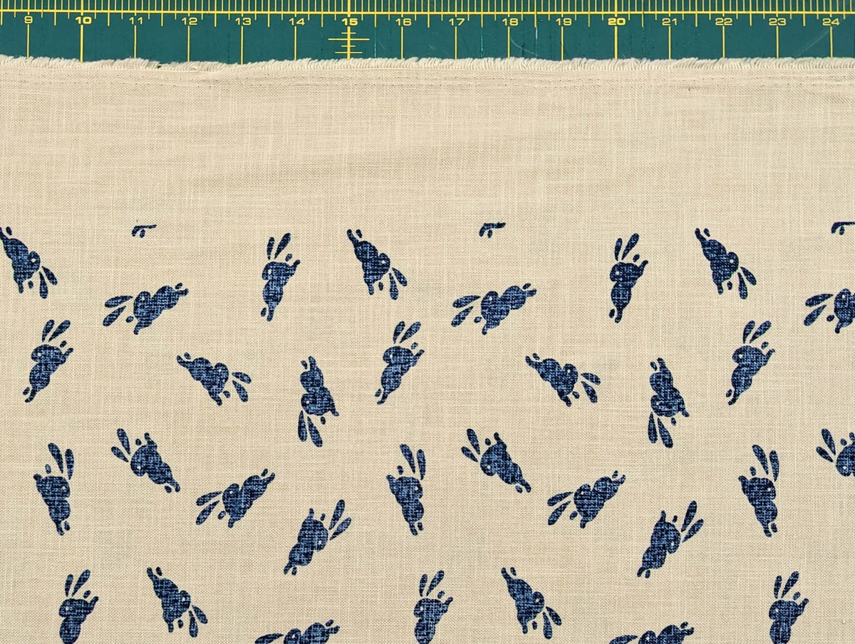 Kurenai - Hand Stenciled Bounding Rabbits Cotton - Blue Off-White