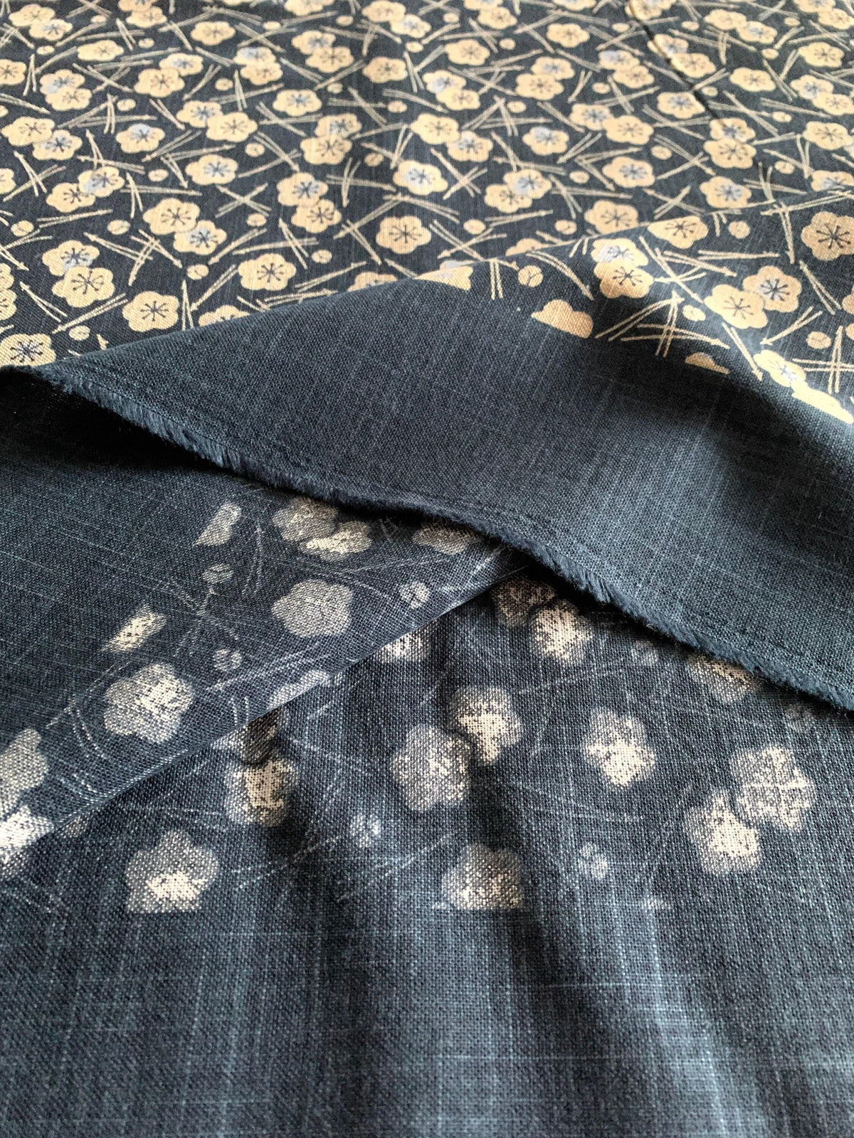 Kurenai - Plum Blossom and Pine Hand Stenciled Cotton - Blue Beige