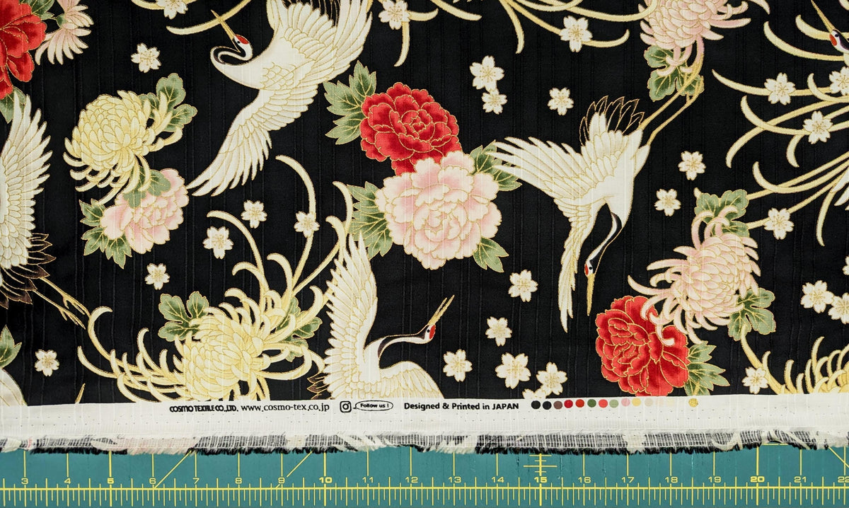 Cosmo - Cranes and Flowers Cotton Shantung - Black