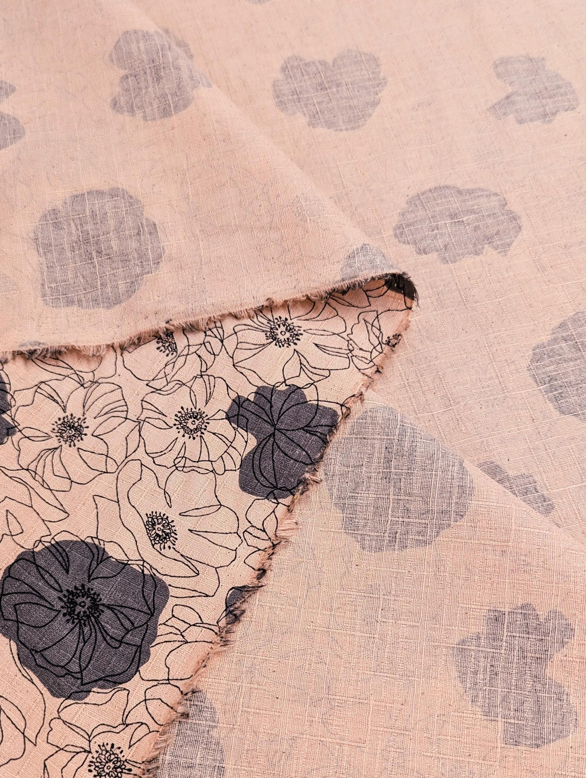 Koizumi - Line Art Poppies Cotton Dobby - Pink and Gray