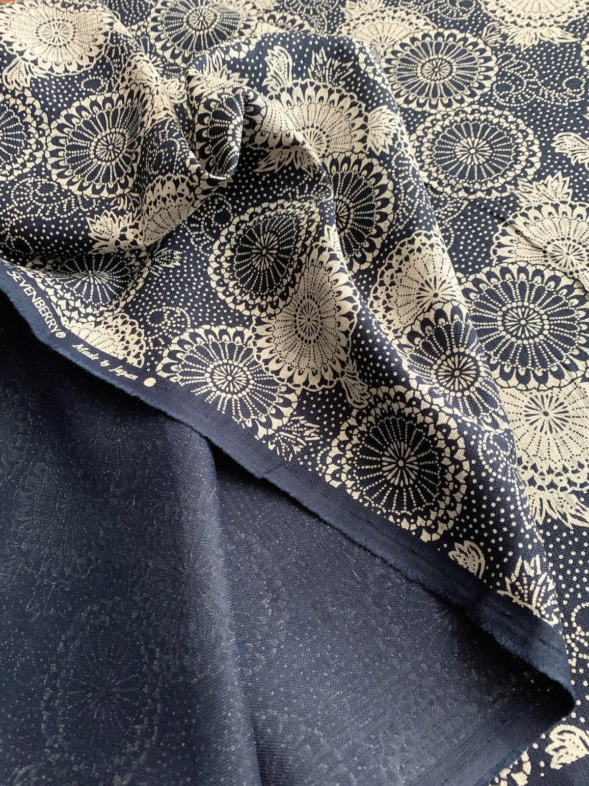 Sevenberry - Katazome Chrysanthemums Cotton Fabric - Navy Blue Beige
