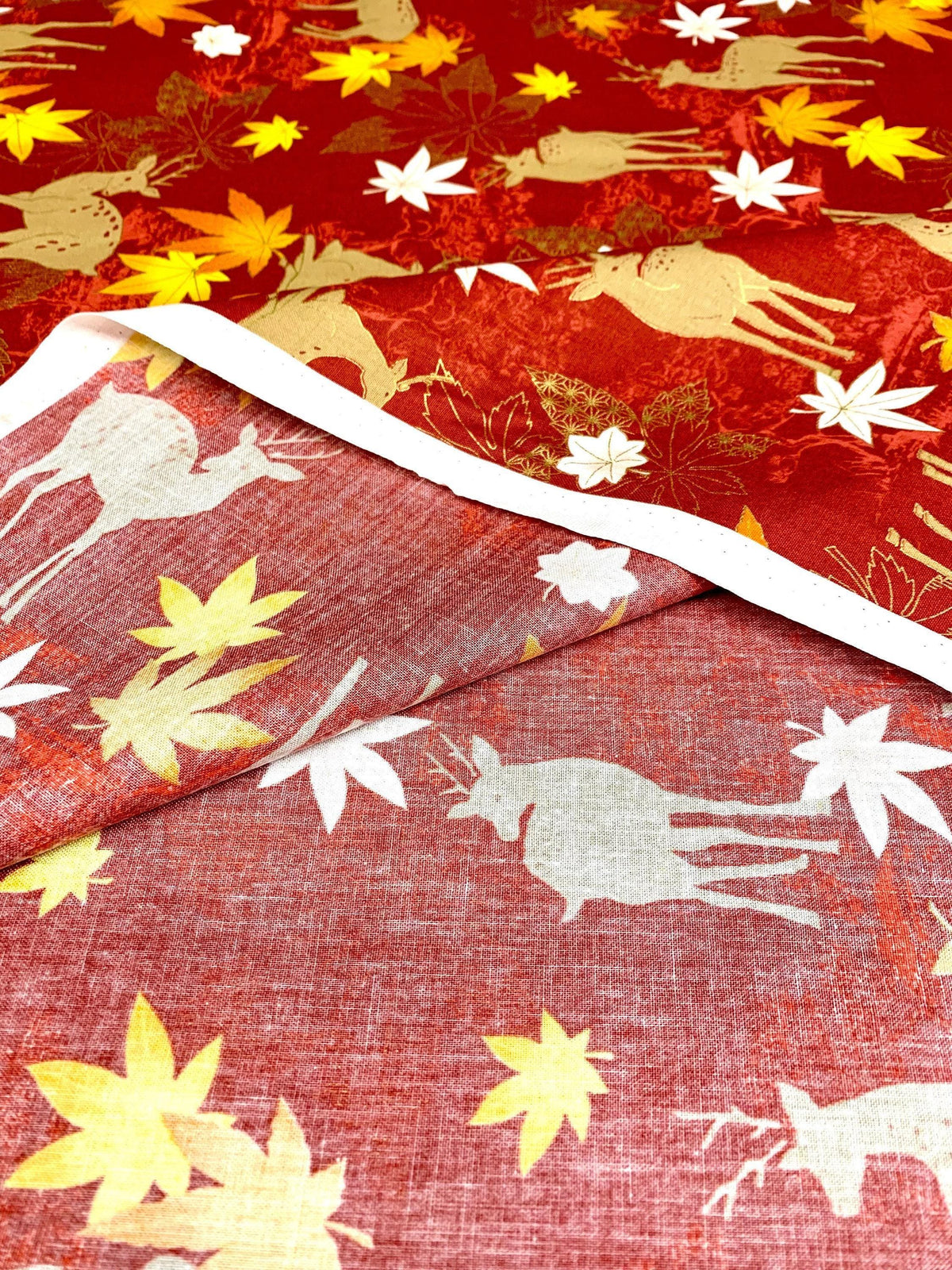 QuiltGate - Hyakka Ryoran Deer and Maple Leaf Cotton Fabric - Red Orange Yellow Gold
