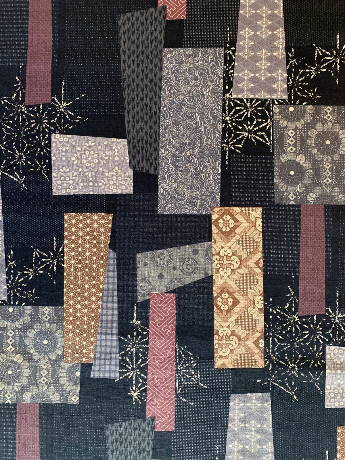 Morikiku - Boro Patchwork Print Cotton Dobby - Black Brown