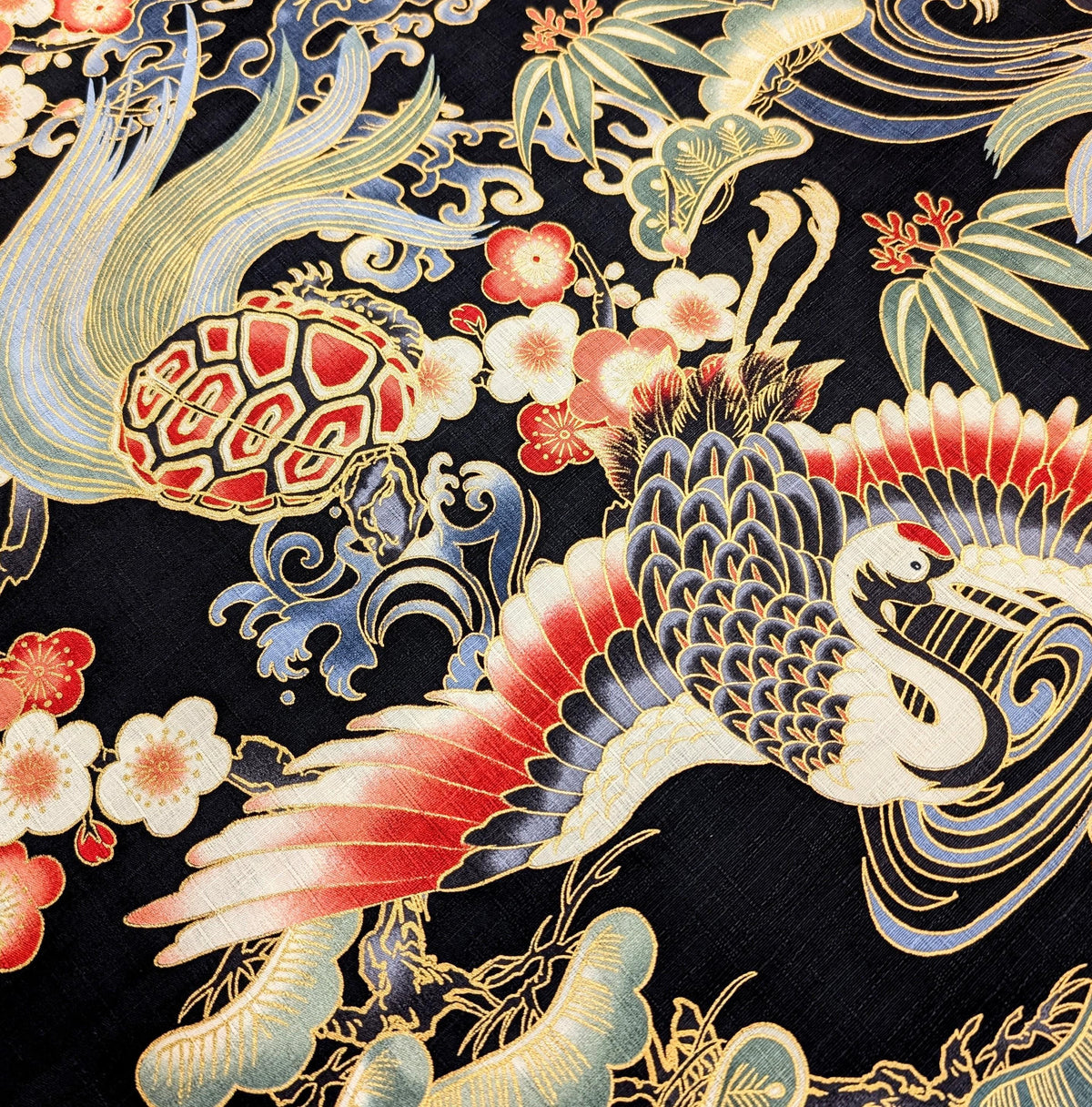 NEW Golden Crane & Minogame Hokkoh Japanese cotton dobby fabric 1025-100-5 E black