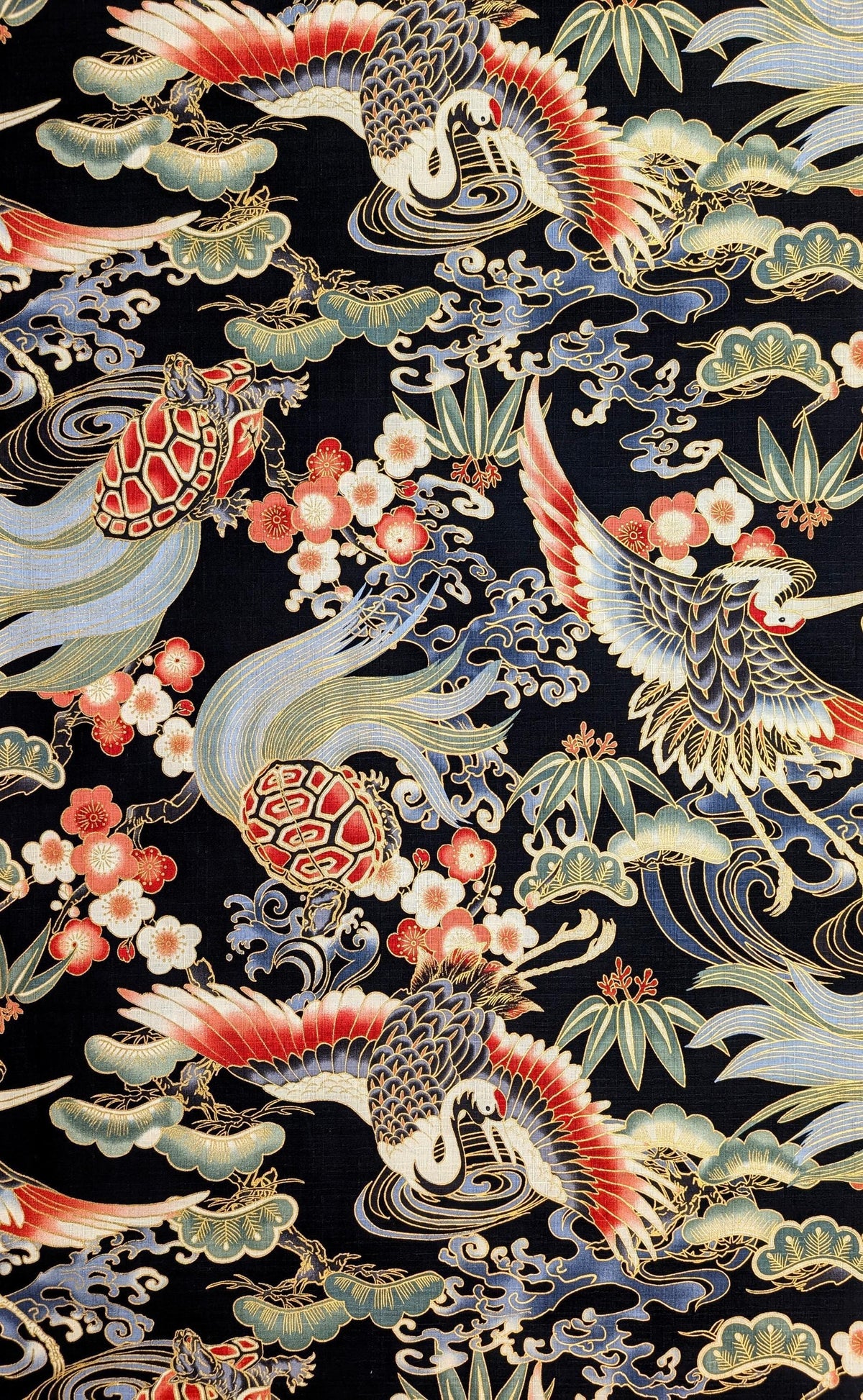NEW Golden Crane & Minogame Hokkoh Japanese cotton dobby fabric 1025-100-5 E black