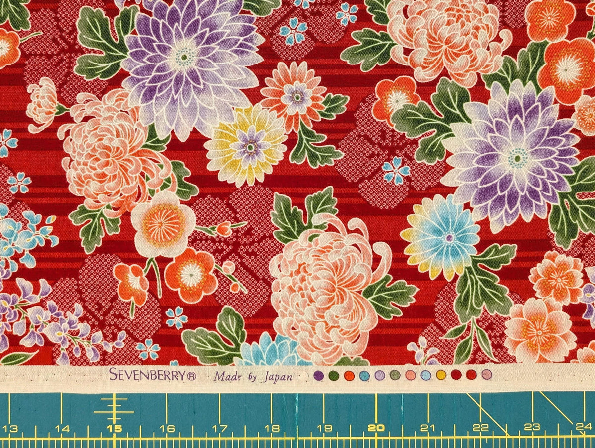 Sevenberry - Striped Shibori Flowers Cotton Fabric - Red