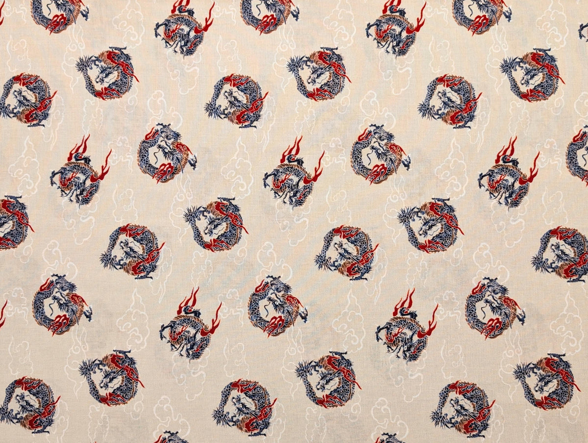 Hishiei - Circling Dragons Cotton Fabric - Beige