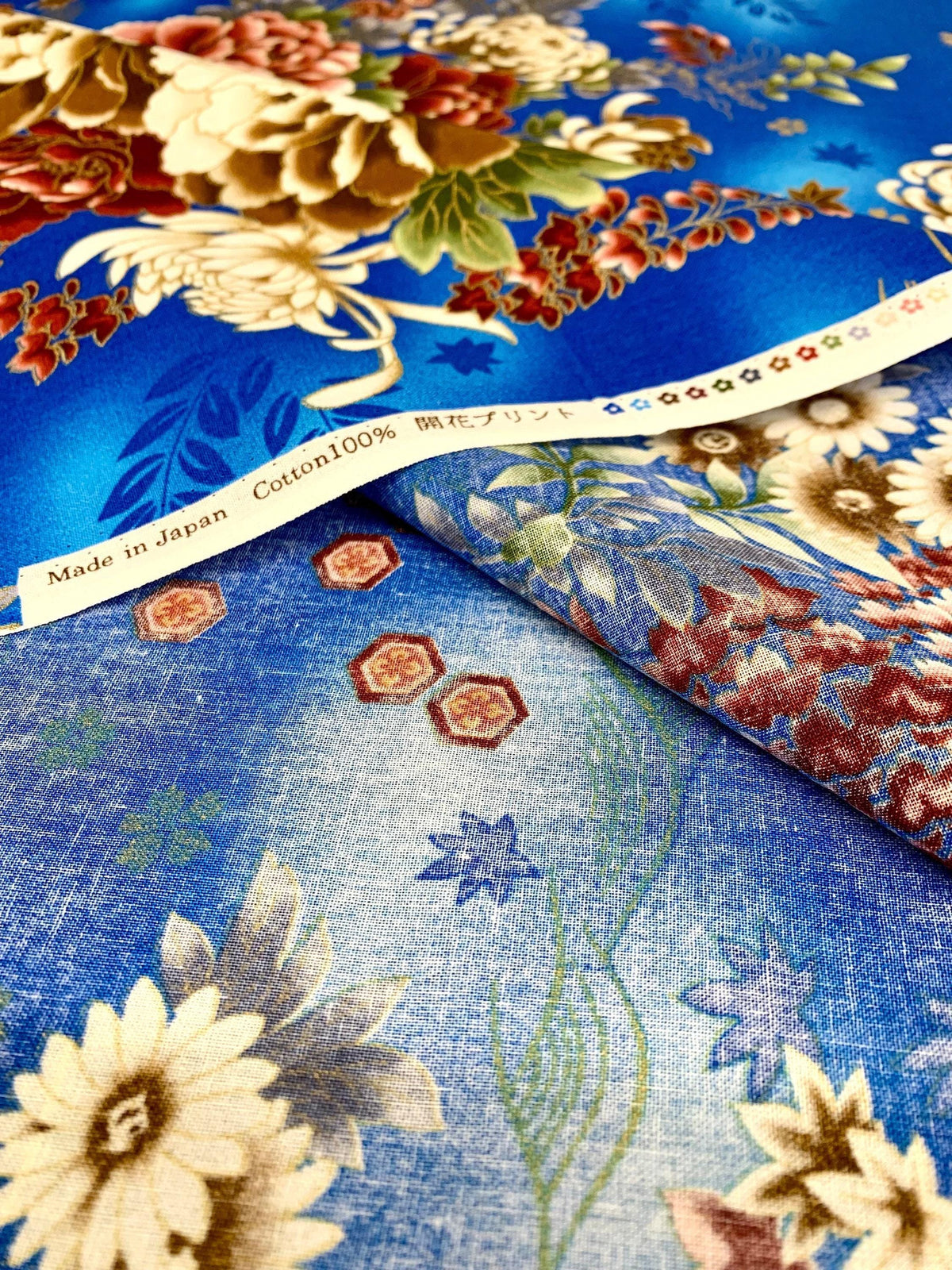 Orimono Imports - Honeycomb Florals Cotton Fabric - Blue Gold