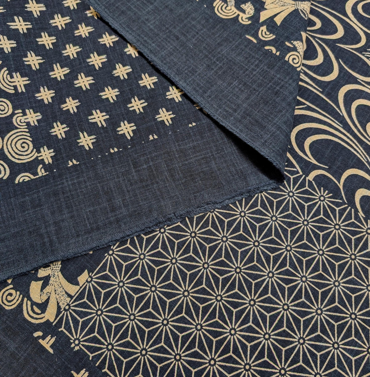 Kurenai - Traditional Blocks Hand Stenciled Cotton Fabric - Dar Blue and Beige