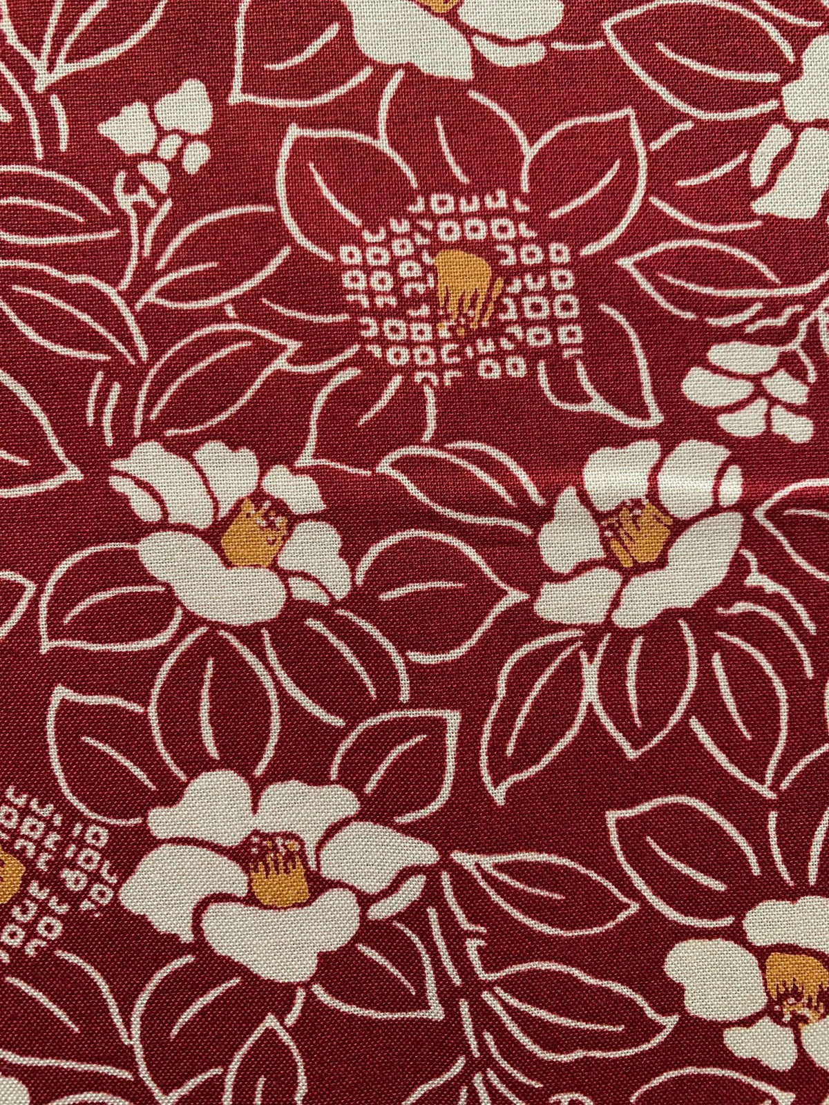 Kurenai - Blooming Camellias Cotton Fabric - Beige Red Orange